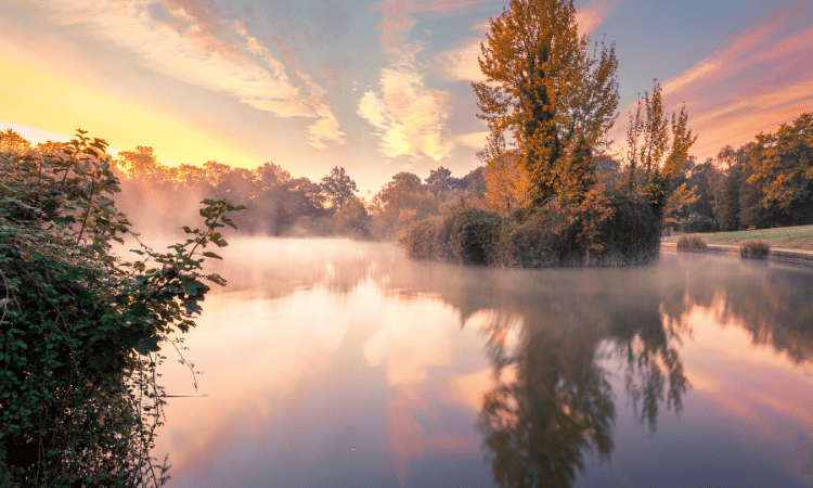 Mist hangs over the lake in Abington Park, Northampton.