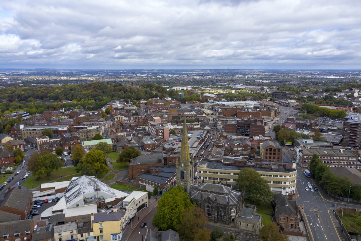 An aerial view of Dudley town Centre.