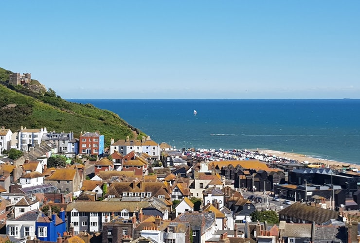 Elevated view of the rooftops of the town of Hastings, UK.