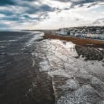 An aerial view of Hastings and St Leonards seafront in the late spring.