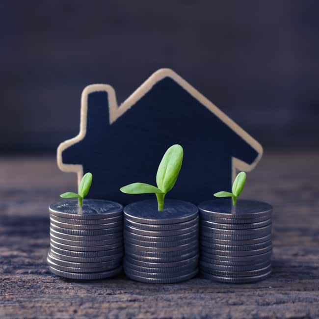 A model of a house sits behind some staks of coins that have leaves growing out of them.