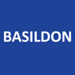 The word Basildon in white on a blue background.