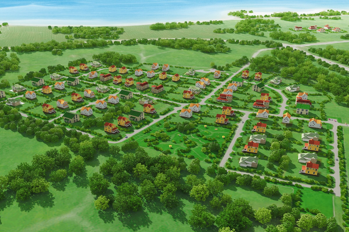 A 3D rendering of a housing estate, as seen from above.