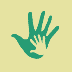 A graphic of a small hand resting inside a larger one. Image represents social responsibility.
