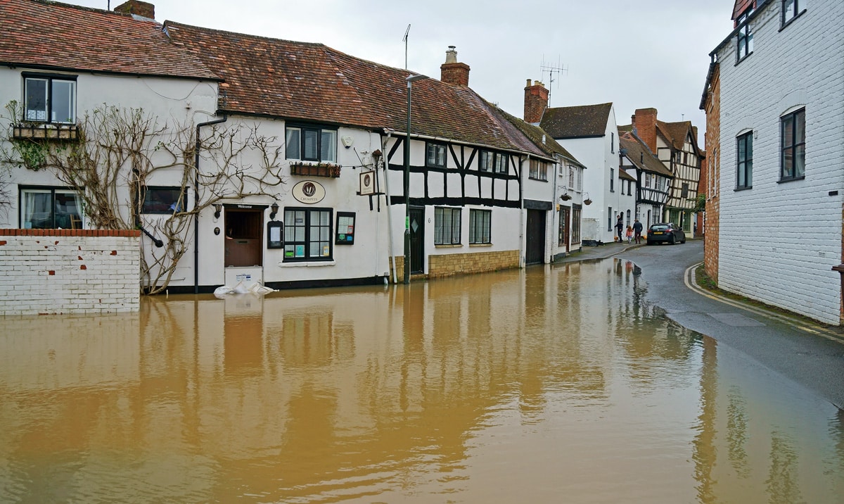 Tewkesbury, Gloucestershire, UK, Febuary 18th, 2020, flooding in the town centre from the River Severn and Avon swollen because of the combine storms of Ciara and Dennis.