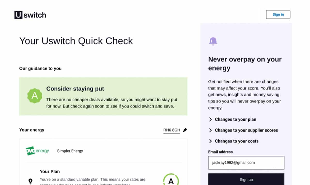 A screenshot of the Uswitch website.