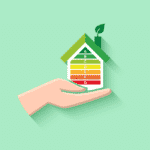 A hand holds the icon of a house with an EPC rating drawn in the centre. Concept icon for an energy efficient house.