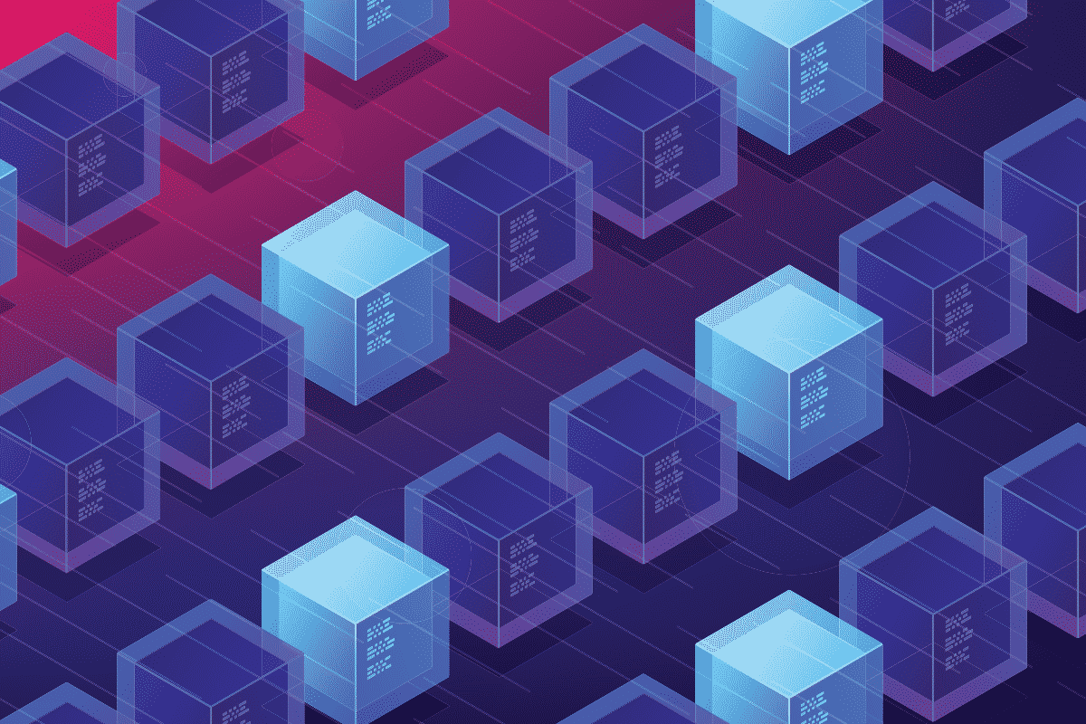 An isometric design illustrating blocks on a blockchain.