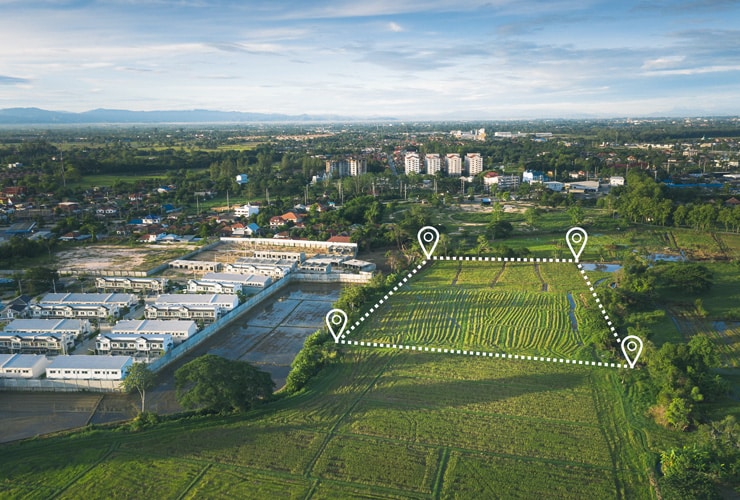 An aerial view of a plot of land.