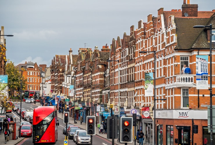 Traditional English architecture on a busy street in Streatham.