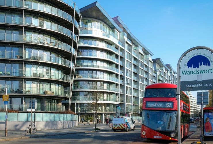 Buildings and a bus in Battersea Park, Wandsworth.