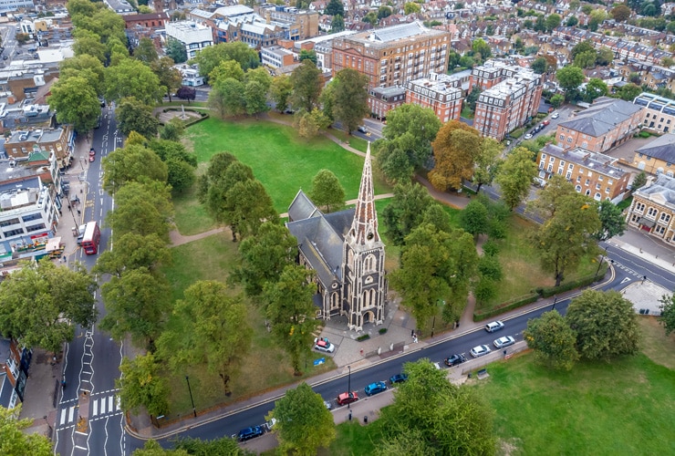 An aerial view of Christ Church, Turnham Green.