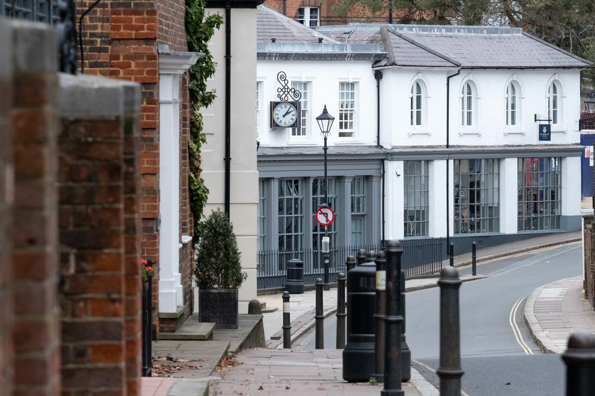 Historic buildings on the corner of High Street and West Street at Harrow on the Hill, a picturesque suburb in greater London.