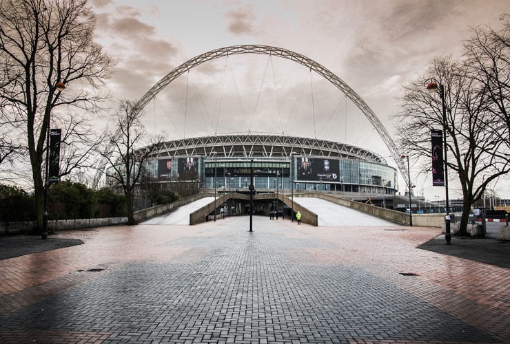 Arch and architecture of Wembley football stadium in Brent, London.