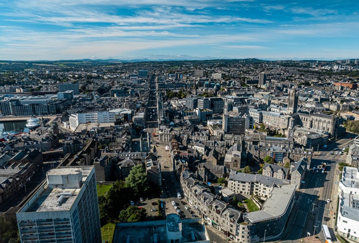 An aerial view of the city of Aberdeen in Scotland.