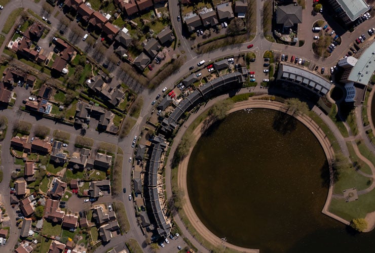 A bird's eye view of the village of Caldecotte in Milton Keynes.
