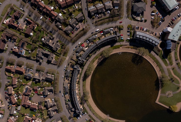 A bird's eye view of the village of Caldecotte in Milton Keynes.