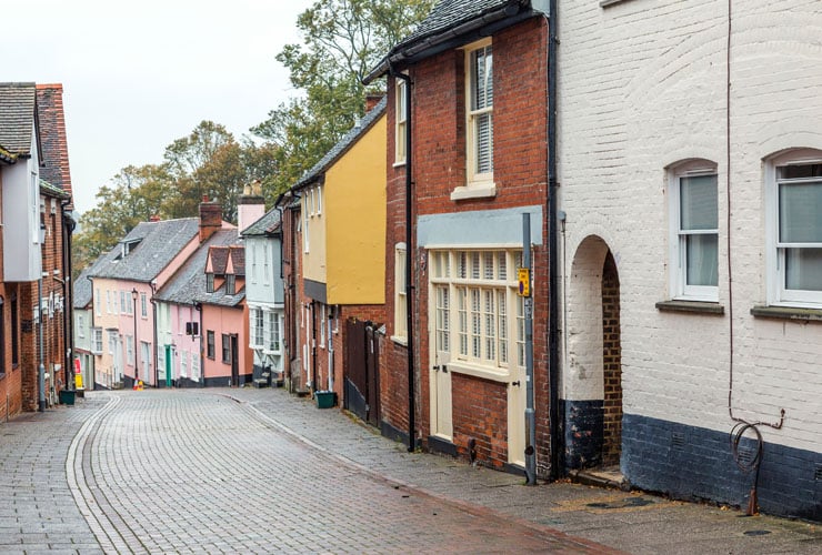 A view of quaint old houses along Maidenburgh Street in the historic Dutch Quarter of Colchester, Essex.