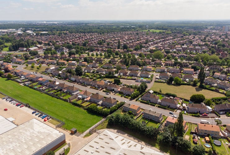 Aerial photo of a residential housing estate in the town of Doncaster in South Yorkshire.