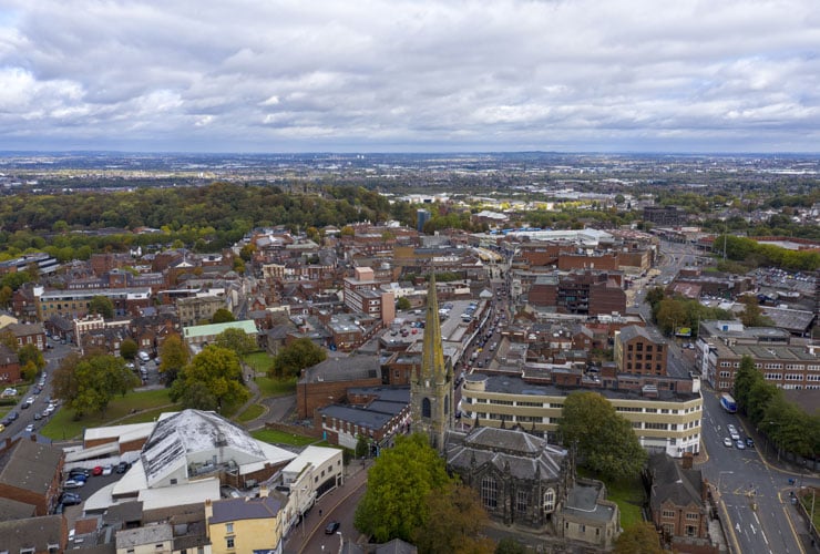 Aerial view of Dudley town centre.