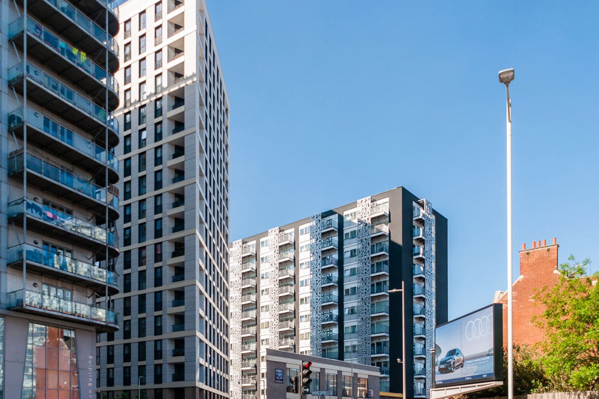 The iCon Building, a modern apartment block in in Ilford. Hill, Redbridge.