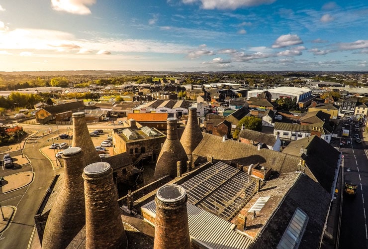 Aerial view of the famous bottle kilns at Gladstone Pottery Museum in Stoke-on-Trent.