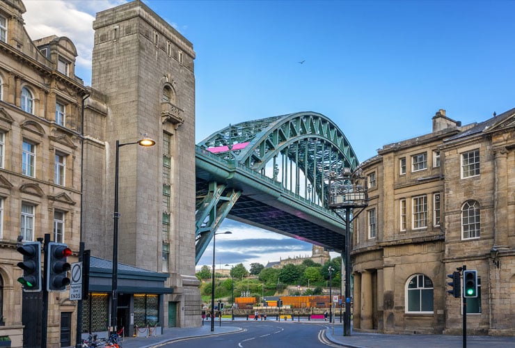 A view of Newcastle city centre with. the Tyne Bridge in the background.