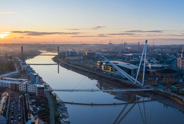 Aerial view of the city of Newport in South Wales with the River Usk in the middle of the photograph.