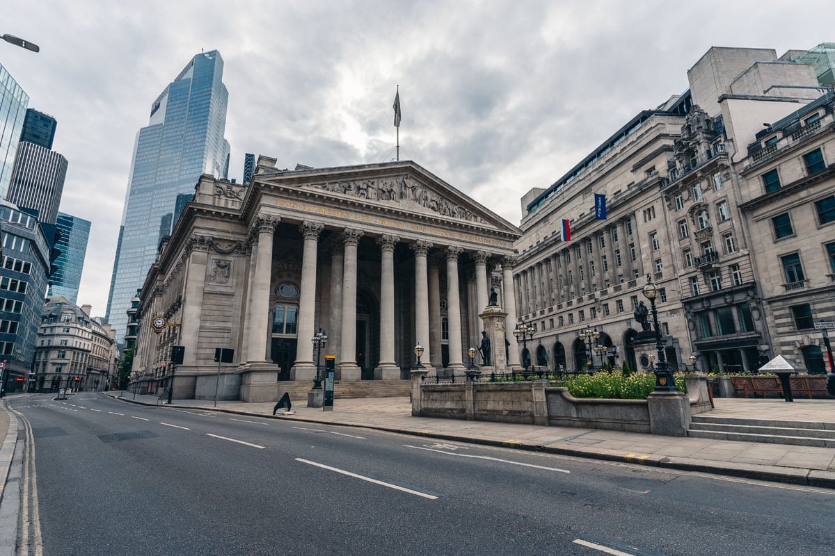 The Royal Exchange Building on Threadneedle St in London.