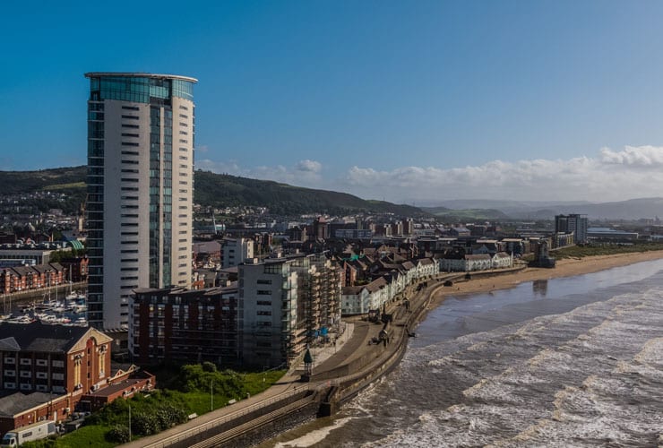 A aerial view of Swansea Bay in Swansea.