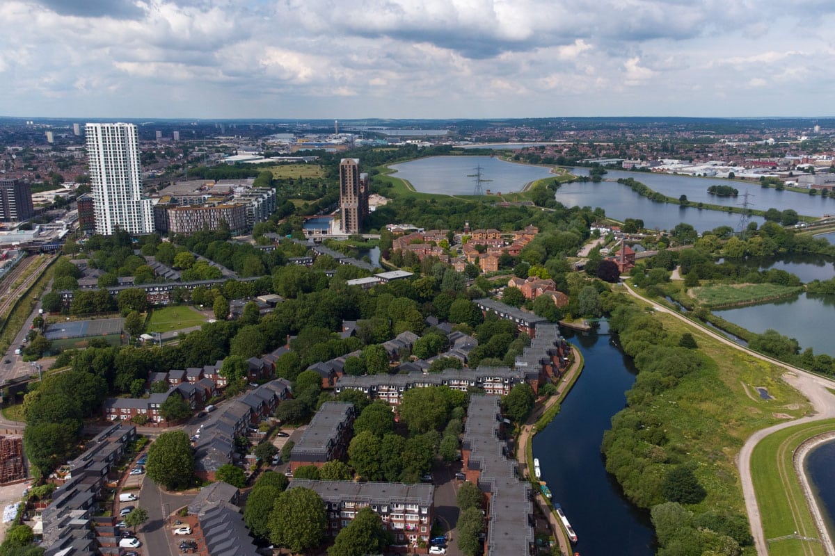 An aerial view of Tottenham Marshes in Haringey.