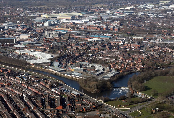 An. aerial view of Warrington town centre.