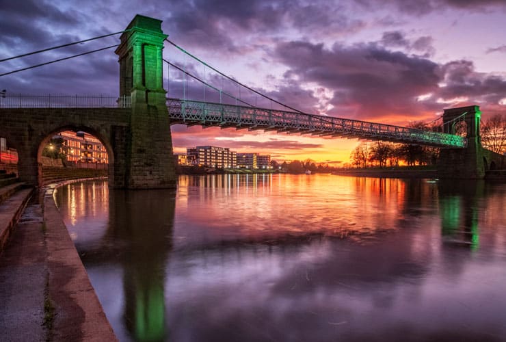 Wilford suspension bridge, at sunset, in Nottingham.