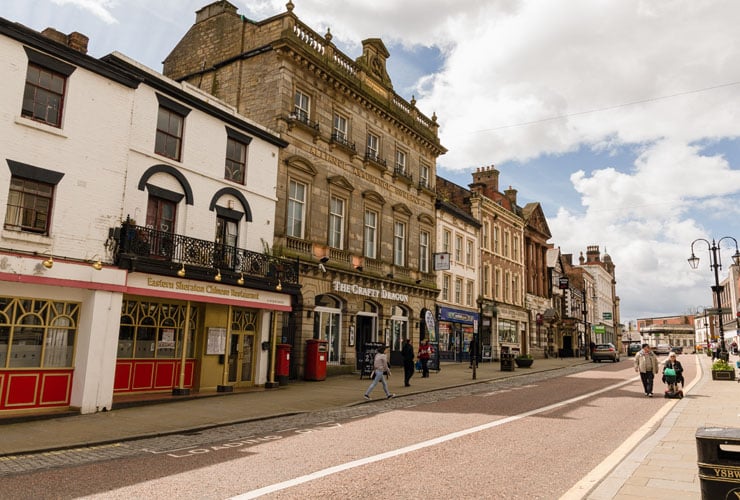 A high street in Wrexham town centre.