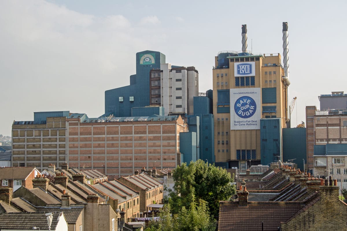 View over houses in Silvertown towards the Tate and Lyle sugar refinery.