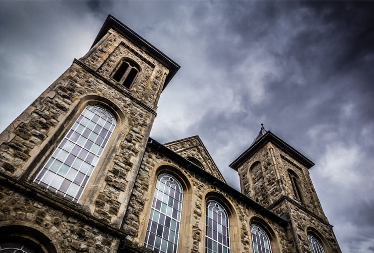 Looking up at the Trinity United Reformed Church in High Wycombe