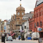 A shopping street in Bolton town centre in Greater Manchester.
