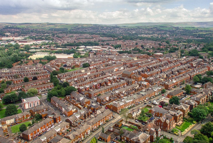 Aerial view of Glodwick in Oldham, Greater Manchester.