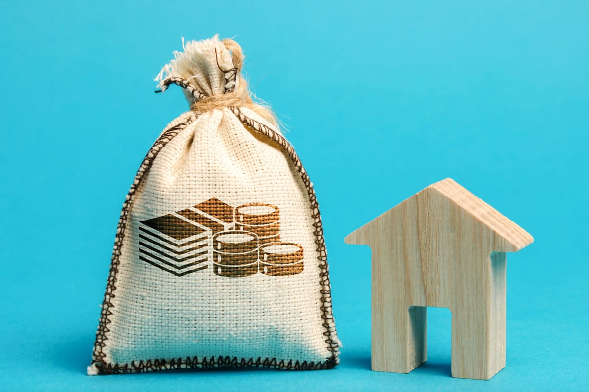 A concept image. A bag of money sits next to a wooden house. Image represents mortgage repayments.