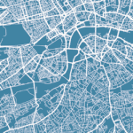 A blue and white vector map of central London.