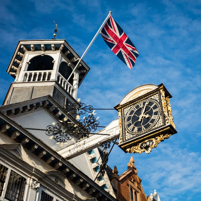 A clock on the high street in Guildford.