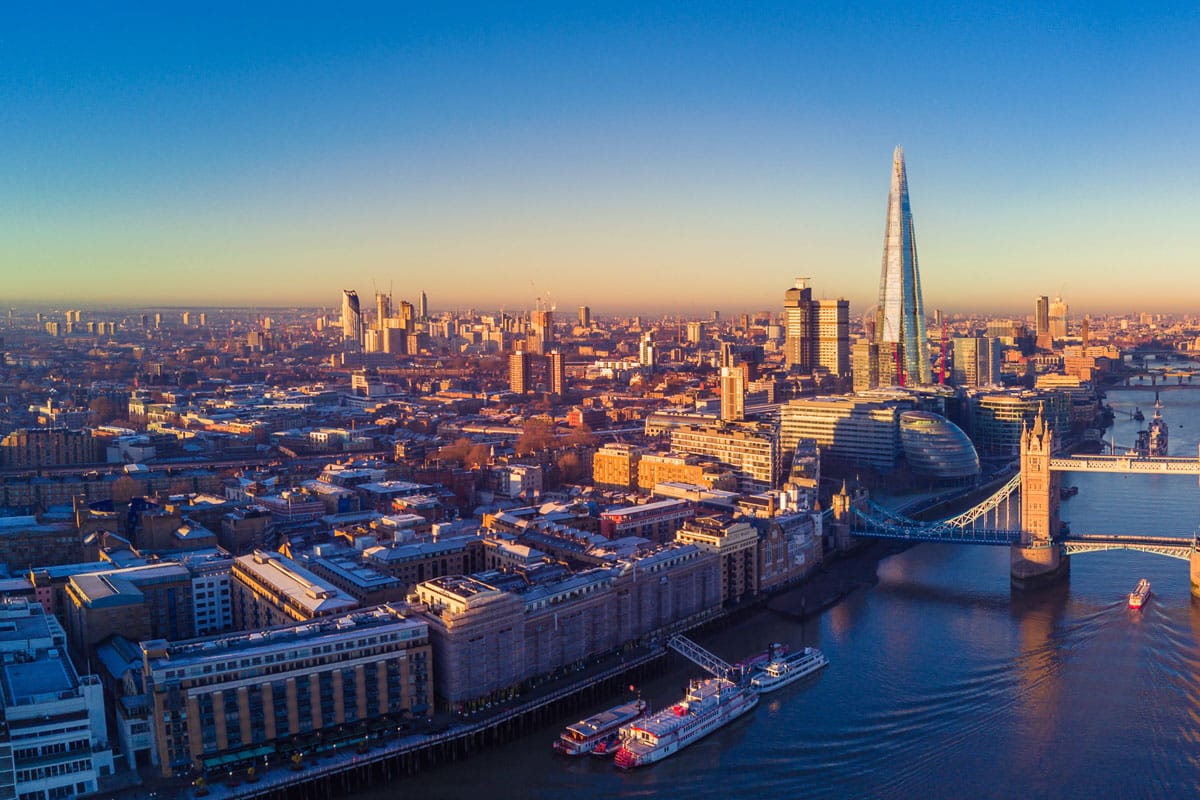 Aerial view of the London skyline including many famous landmarks.