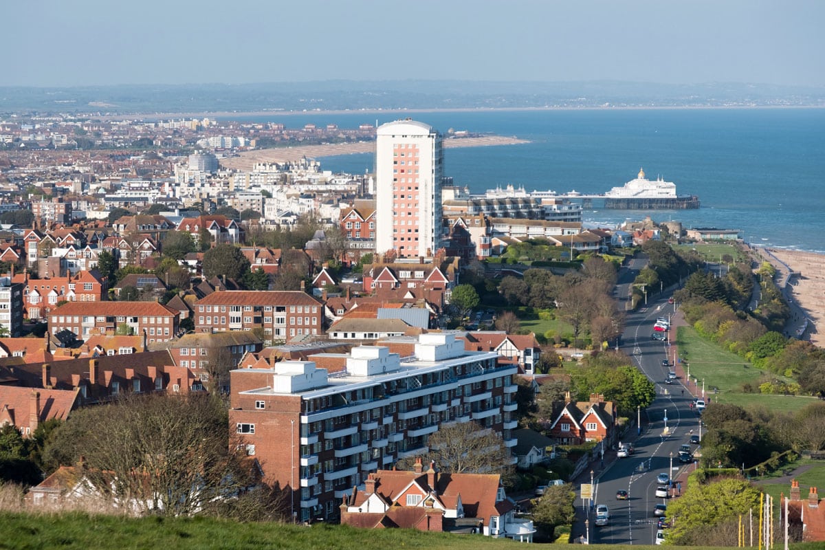 Panoramic view over Meads in Eastbourne with the town centre, promenade and pier in the distance.