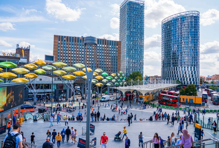 Shoppers head towards the Stratford Centre near Stratford Station in Stratford, London.