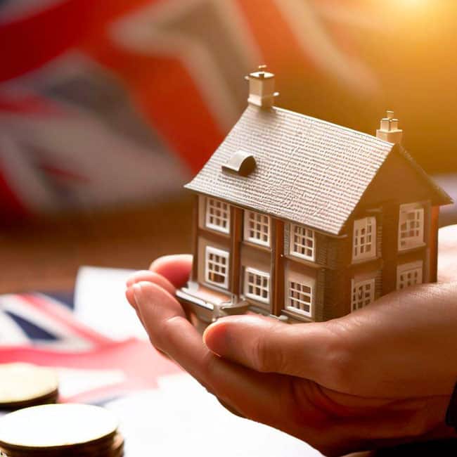 A man's hand holding a model house in front of a Union Flag. Concept image represents buy-to-let in the UK.