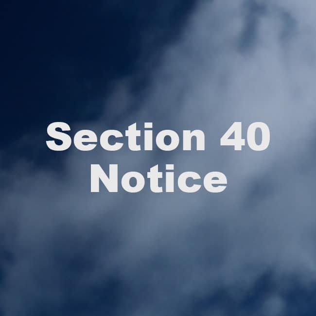 Text says Section 40 Notice in front of a cloud textured background.