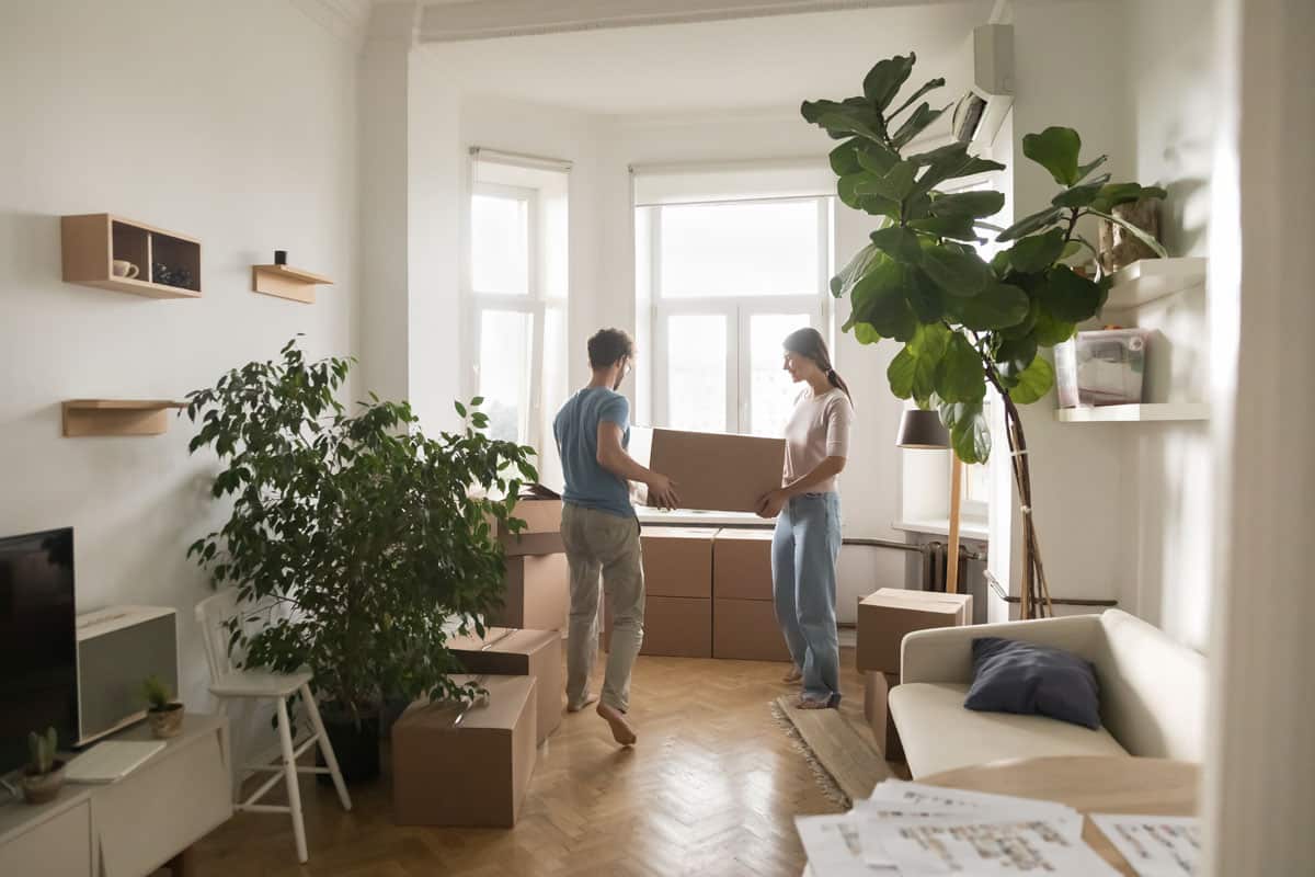 Young married couple carrying boxes into rented flat.