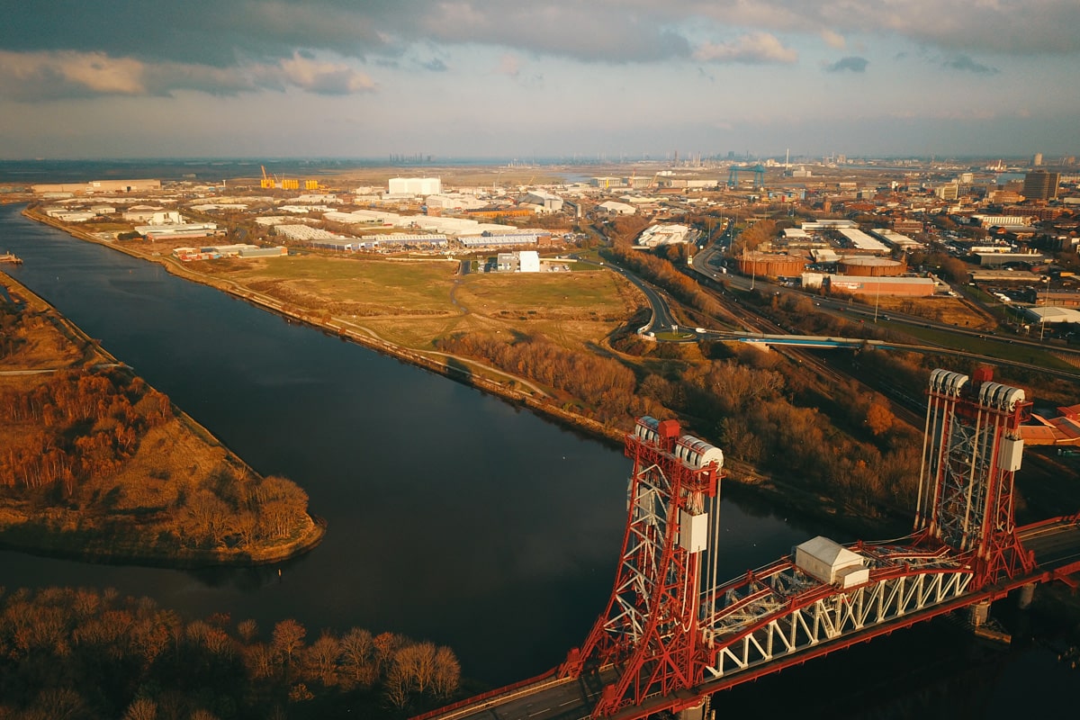 Aerial view of Newport Bridge in Middlesbrough.