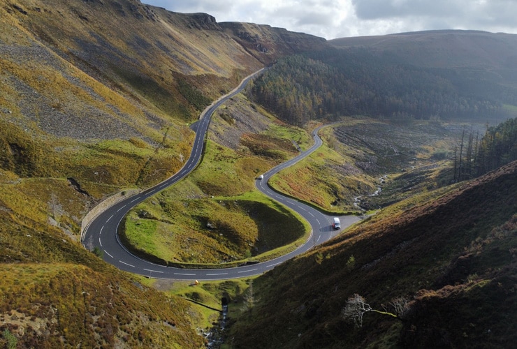 The looping Bwlch-y-Clawdd Road near Treorchy, Wales.