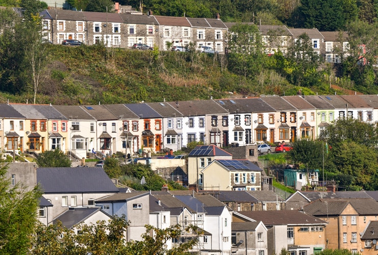 Houses in the hills of Ferndale in Wales.